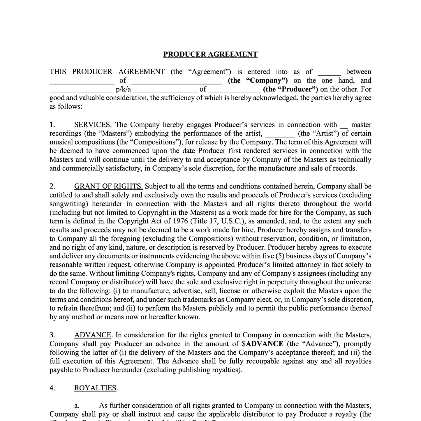 Producer Agreement (Multiple Tracks) - Advance + Royalty + Pub