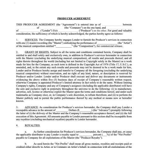 Producer Agreement Template (Producer Furnishing Co) (Adv + Royalty + Pub)