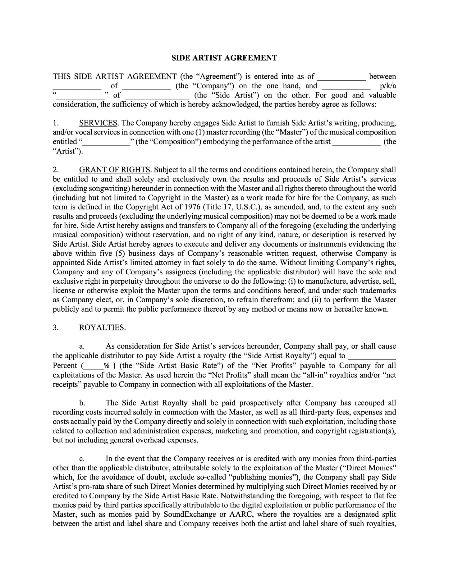 Side Artist Agreement (Company-Side Artist)