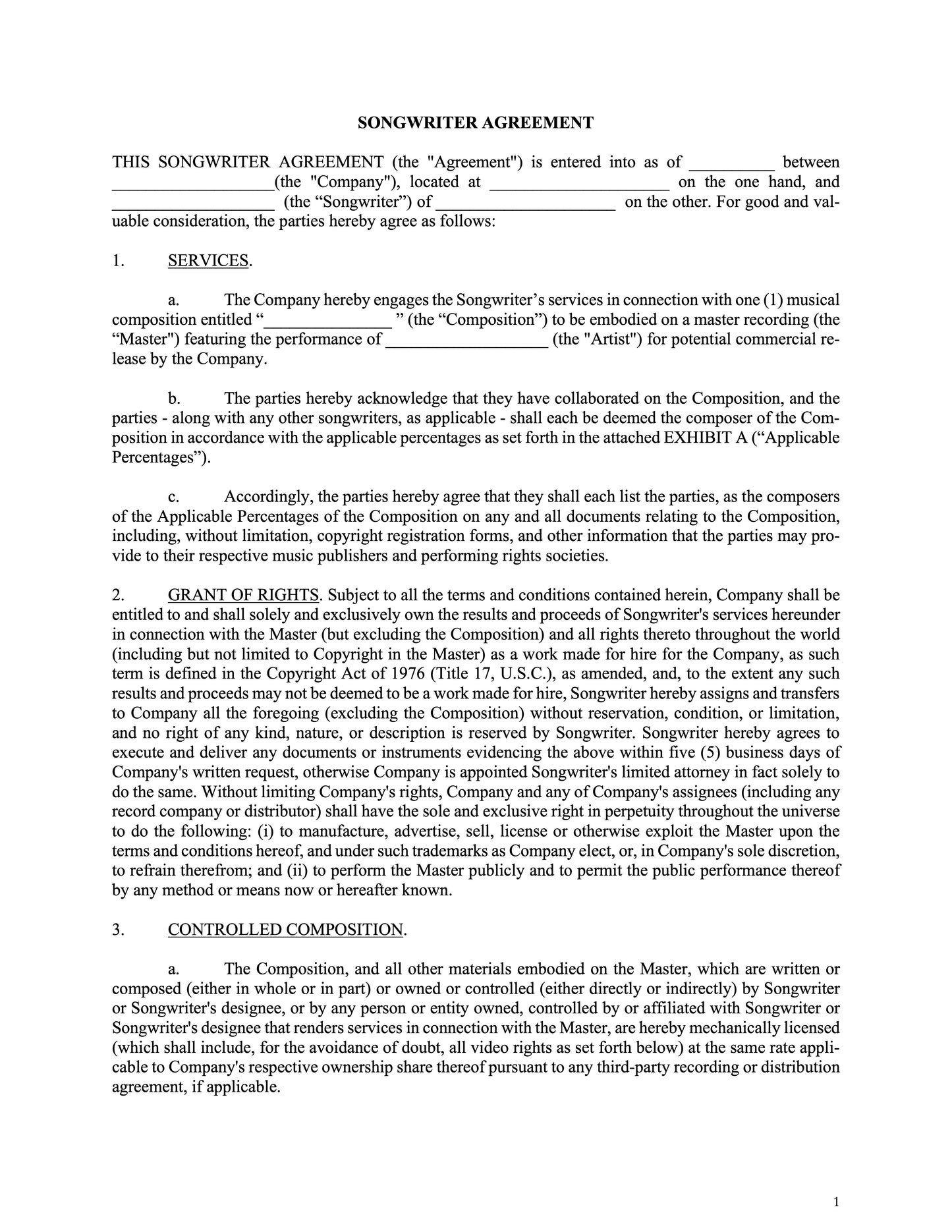 Songwriter Agreement (between Company & Songwriter)