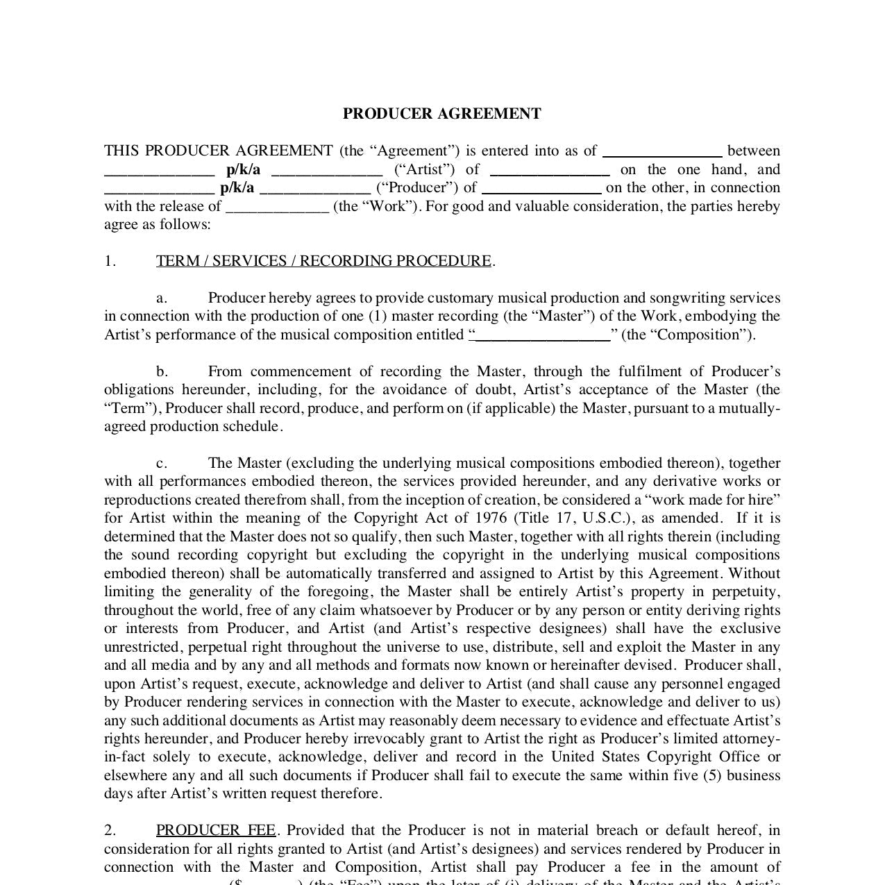 Producer Agreement (Advance, no royalty, with publishing)