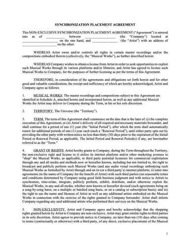 Non-Exclusive Synch Placement Agreement