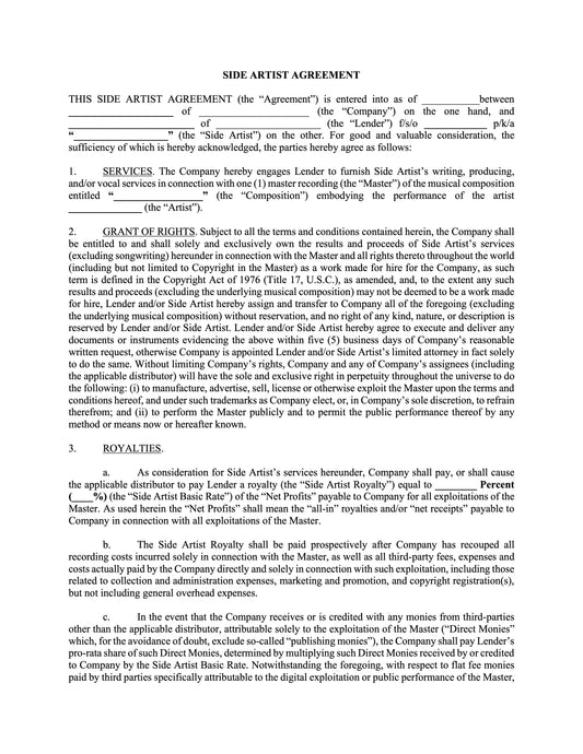 Side Artist Agreement (Company/Furnishing Company)