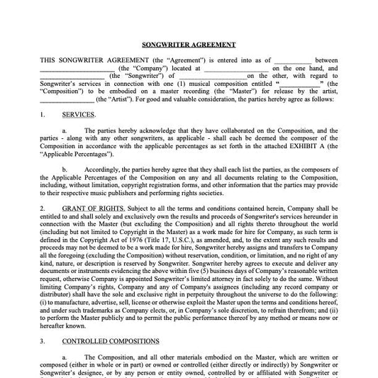 Songwriter Agreement (between Company & Songwriter) (publishing, no fee, no royalty)