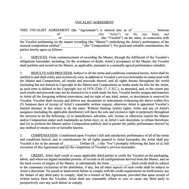 Vocalist Agreement (Flat Fee Buyout)