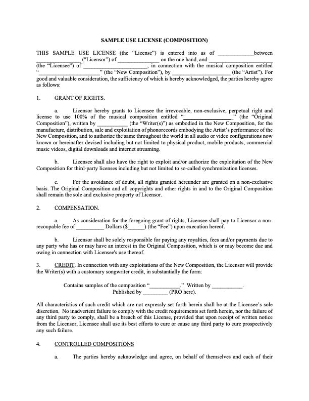 Check Sample Clear Music Sample Clearance Agreement Template - Composition – Law Office of ...