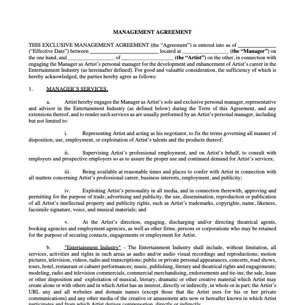 Singer Manager Contr Artist Management Contract Template - Music Industry Agreement – Law ...