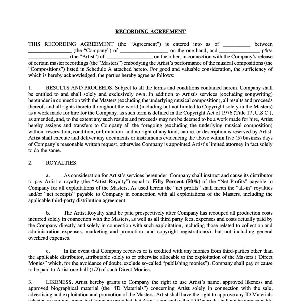 Recording Agreement (50/50 Split)