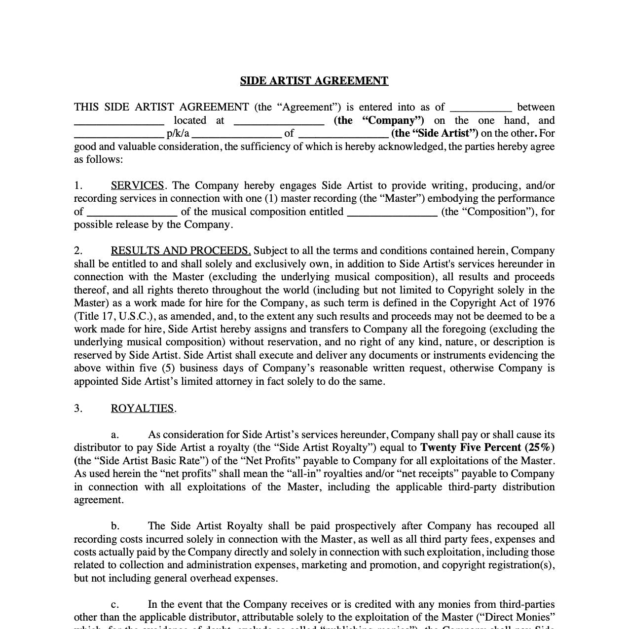 Featured Artist Agreement Template Royalty & Publishing Split Law