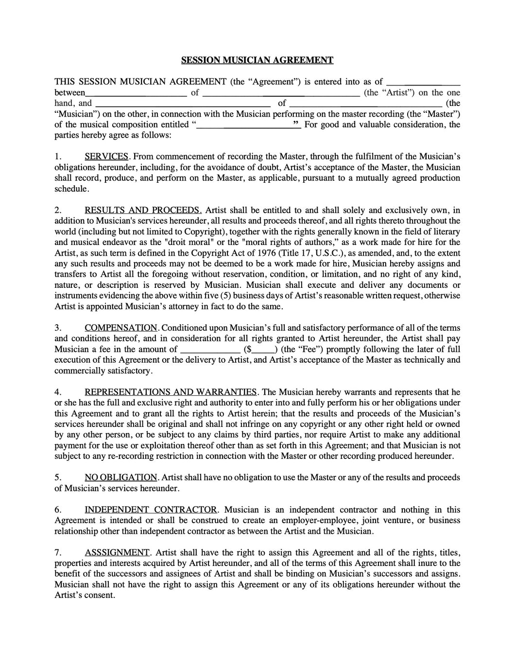 Session Musician Agreement (Flat Fee Buyout)